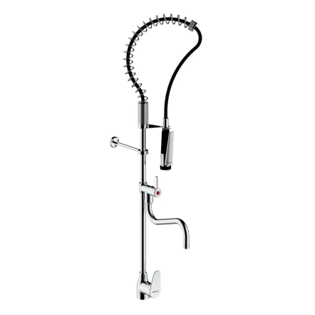 Змішувач для кухні, категорія профі, виливши з окремим вентилем, душова головка на пружинному кронштейні, монтаж на мийка / стільницю, колір: хром